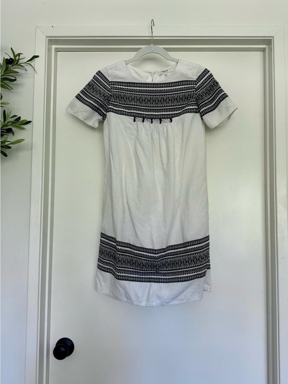 Madewell White Mini Dress with Black Geometric Embroidery